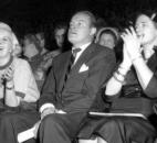 Marilyn Maxwell and Bob Hope watch a Zollner Piston-Rochester Royal backetball game on Sunday, Nov. 1953 at the Memorial Coliseum. They both have stayed in Hotel Indiana. (Photo from News-Sentinel archives)