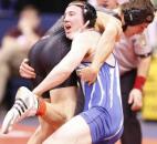Carroll's Riley Lefever tosses Lawrenceburg's K.C. Hedger for one of several takedowns in Lefever's 19-8 first-round victory in the Indiana state wrestling championships Feb. 15 at Bankers Life Fieldhouse in Indianapolis. (Photo by Chad Ryan/INMedia Source)