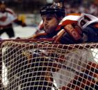 Komets captain Colin Chaulk crashes into the net during a game against Kansas City in March 2005 at Memorial Coliseum. (News-Sentinel file photo)