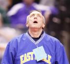 East Noble wrestling coach Keith Hoffar reacts after his protest of a controversial takedown call at the buzzer in overtime cost the Knights' Tyler Hausholder his 145-pound, first-round match at the Indiana state wrestling championships Feb. 15 in Indianapolis. (Photo by Chad Ryan/INMedia Source)