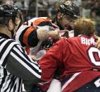 Fort Wayne's Colin Chaulk throws a punch at Kalamazoo's Mike Bickley in a first-period fight during a 2007-08 regular season game at Memorial Coliseum. (News-Sentinel file photo)