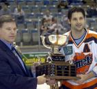 Komet Colin Chaulk is presented with the Foss Folk Memorial Trophy in April 2008 for being the team MVP. (File photo by Ellie Bogue of The News-Sentinel)