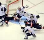 Wheeling goaltender Peter Delmas stopped the Komets' best scoring chance of the game during the second period when he flinched his right arm enough to deflect this Kaleigh Schrock backhand over the crossbar where it landed on top of the netting. The Komets lost 1-0 on Feb. 24 as Delmas made 44 saves. (Photo by Blake Sebring of The News-Sentinel)