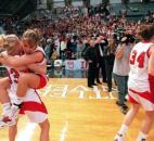 Bishop Luers' Katie Gerardot holds up Breanne Nill as the two celebrate after beating Forest Park 62-60 in the 2000 Class 2A state finals at Hinkle Fieldhouse. With this victory, the Bishop Luers became the third school in IHSAA girls basketball history to repeat as state champions. News-Sentinel file photo