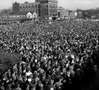 On a weekend campaign trip by train from Philadelphia to Chicago, where he was scheduled to speak at Soldier Field, President Franklin Roosevelt made a brief stop Oct. 28, 1944, at the Pennsylvania Railroad Station in Fort Wayne. .Thousands assembled north of the Harrison Street elevation to hear the president, who told the crowd he would like to be elected or defeated by a "big vote." (Photo by The News-Sentinel)
