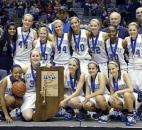 Canterbury poses with the state championship trophy after its 65-59 victory against Vincennes Rivet in the 2010 Class A state finals at Memorial Coliseum. Tabitha Gerardot had a game-high 12 rebounds and 27 points, including 16 points in the fourth quarter, to help Canterbury upset then-previously undefeated No. 1 Vincennes Rivet in the state finals for the second consecutive year. Photo by Ellie Bogue