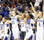 Canterbury's Kindell Fincher, Darby Maggard, Emma Hyndman, Carly Johnson, Matte Troxel, Aaliyah Gaines and Bailey Farley celebrate as the final seconds tick off the game clock during a 64-54 victory against Northeast Dubois in the 2012 Class A state finals at Terre Haute. Along with winning their third state title in a four-year span, the Cavaliers finished the year setting the state single-season record with an 81.48 points per game average. News-Sentinel file photo