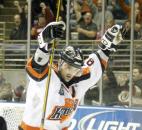 Colin Chaulk celebrates after scoring his second goal during the Komets' 4-2 win against the Muskegon Lumberjacks in January 2010 at the coliseum. (News-Sentinel file photo)