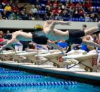 Snider swimmer Landan Mintch takes off at the start of the 50-yard freestyle race at the IHSAA boys swimming finals Feb. 22 at the IUPUI Natatorium in Indianapolis. Mintch finished with the 18th best time and failed to advance out of the preliminary round. (Photo courtesy of Gail Herendeen)