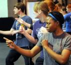 Huntington University student Chloe-Ann Shaw works on her footwork in a stage combat class. The class was part of the four-week J-term session held in January.