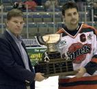 Komets forward Colin Chaulk receives the MVP award during the year-end awards presentation after the final regular season game in April 2004 at the coliseum. (File photo by Ellie Bogue of The News-Sentinel)