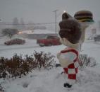 Big Boy, underdressed for conditions, watches over traffic on Bluffton Road at Lower Huntington Road, outside Azar's, 6800 Bluffton Road, as a band of heavy snow rolls across Allen County Monday, Feb. 17. (By Bob Caylor of The News-Sentinel)