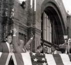 President Dwight D. “Ike” Eisenhower, second from left, made an election campaign stop on Sept. 15, 1952, at the Baker Street Station in downtown Fort Wayne. At left is the late E. Ross Adair, then a Republican U.S. representative from Fort Wayne. Eisenhower is one of many famous people who stopped at the station. (Courtesy photo from Victor Martin)