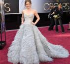 Amy Adams' gown featured a strapless top and billowing, layered bottom. (From The Associated Press)