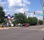 A giant, blow-up Indianapolis Colts player stands at the corner on Clinton and Superior streets to welcome fans. (Photo by Jaclyn Goldsborough of The News-Sentinel)