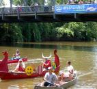 "The Viking" boat slows down after being cheered on during the Three Rivers Festival "River Games" in July. This was the second year for the "River Games," which returned activities to the water. Photo by Hana Hawash