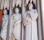 Statues carved into the entrance portal of Duke University's chapel include, from left, Thomas Jefferson; Robert E. Lee, and Sidney Lanier, a poet, in Durham, N.C.  (Photo by Lisa Esquivel Long of The News-Sentinel) 