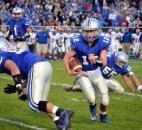 Homestead’s Chris Terry looks for running room outside during the first quarter Friday night. (By Blake Sebring of The News-Sentinel)