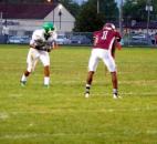 South Side wide receiver Devin Jones, left, lines up against Concordia Lutheran’s Marq Rogers on Friday at Zollner Stadium. (Photo by Don Converset of The News-Sentinel)