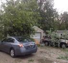 Tree falls on a jeep and a garage. (Photo by Rob Stone)