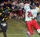 Bishop Luers’ Michael Rogers runs past Sniders’ Deronta Smith oh his way to a touchdown for Luers in the third quarter of Friday night’s home game at Snider with Bishop Luers. Snider won, 10-7. (By Ellie Bogue of The News-Sentinel)