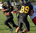 Snider’s Nicolas Reese get some blocking help from Addison Dellinger as he heads in for a touchdown in the first quarter of Friday night’s home game at Snider with Bishop Luers. Snider won, 10-7. (By Ellie Bogue of The News-Sentinel)