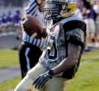 New Haven’s Anthony Moore runs in a touchdown in the second quarter of play of Friday night’s game at New Haven. The game was called in the third quarter due to lightening and will resume Saturday at 3 p.m. (Photo by Ellie Bogue of The News-Sentinel)