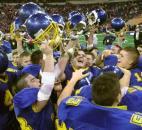 East Noble players raise their helmets in celebration on the RCA Dome field after winning the 2000 Class 4A state championship. In the school's first state finals appearance, the defense forced two interceptions and returned a blocked punt for a touchdown as East Noble defeated Plainfield 28-7 to win the state title. (News-Sentinel file photo)