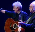 Musicians Graham Nash and David Crosby, were all smiles March 18 after the second song of the evening. Crosby, Stills and Nash were performing to a sold out crowd at the Embassy Theatre. (Photo by Ellie Bogue of The News-Sentinel.com)