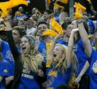 The Homestead student section cheer their team on during overtime play in Indianapolis during the Class 4A IHSAA Boys Basketball Finals. Homestead beat Evansville Reitz for the state title, 91-90, in a hard fought game.