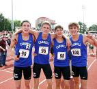 Carroll athletes, from left, Jonathan Harper, Eric Claxton, Kyle Gater and Alexander Hess pose for a photo after winning first place the boys 4x800 meter relay. (Photo by Gannon Burgett for The News-Sentinel)