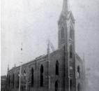 A historic image of the church. A steam boiler destroyed the church in 1886. That building had been a replacement of an earlier structure. Image courtesy of Diocese of Fort Wayne-South Bend