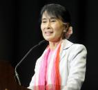 Aung San Suu Kyi addresses the crowd Tuesday morning at Memorial Coliseum. By Ellie Bogue 